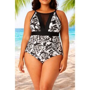Time & Tru Black White Floral Mesh Panel One Piece Swimsuit 1X 16W 18W Plus NWT